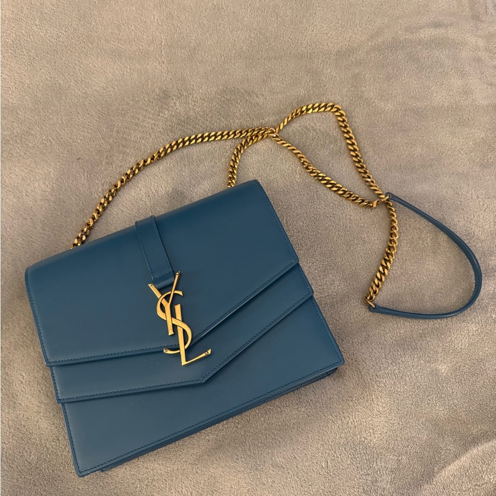 Yves Saint Laurent Teal Shoulder Bag with Gold Chain